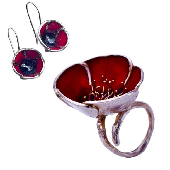 Red Poppy Flower RING & EARRINGS Set 925 Sterling Silver Adjustable Size - Picture 1 of 14